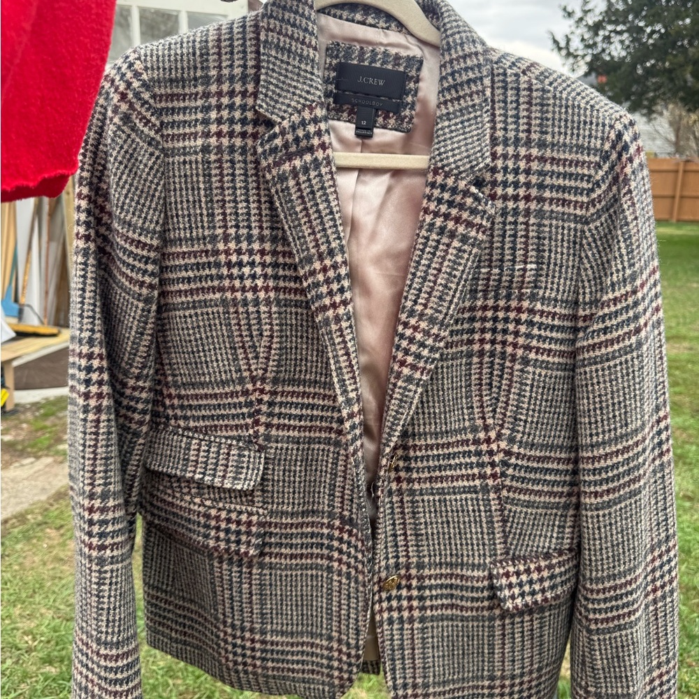 J. Crew Plaid Wool-Blend Blazer in Taupe, Navy & Burgundy